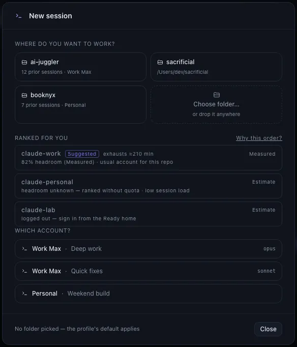 New session dialog with accounts ranked by headroom and the suggested one first