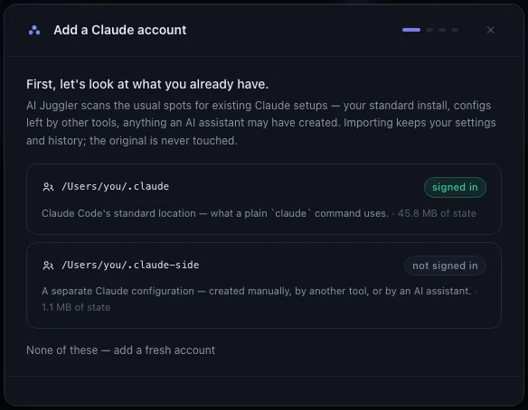 Add an account dialog listing the existing configurations AI Juggler found on the machine