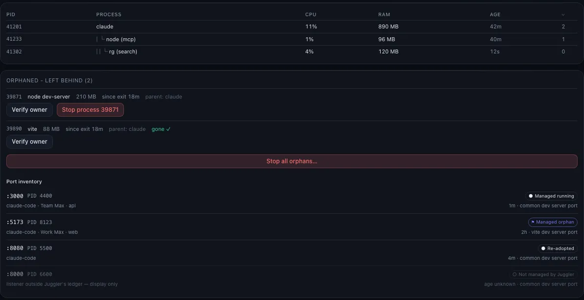 Process tree with CPU and memory, two processes left behind after the session ended, and a list of ports in use