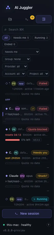 Session list with states such as Failed, Quota blocked, Needs you, Stuck and Running